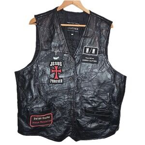 VTG Navarre Genuine Leather Men Black Jesus Forever Motorcycle Biker Vest Sz XL